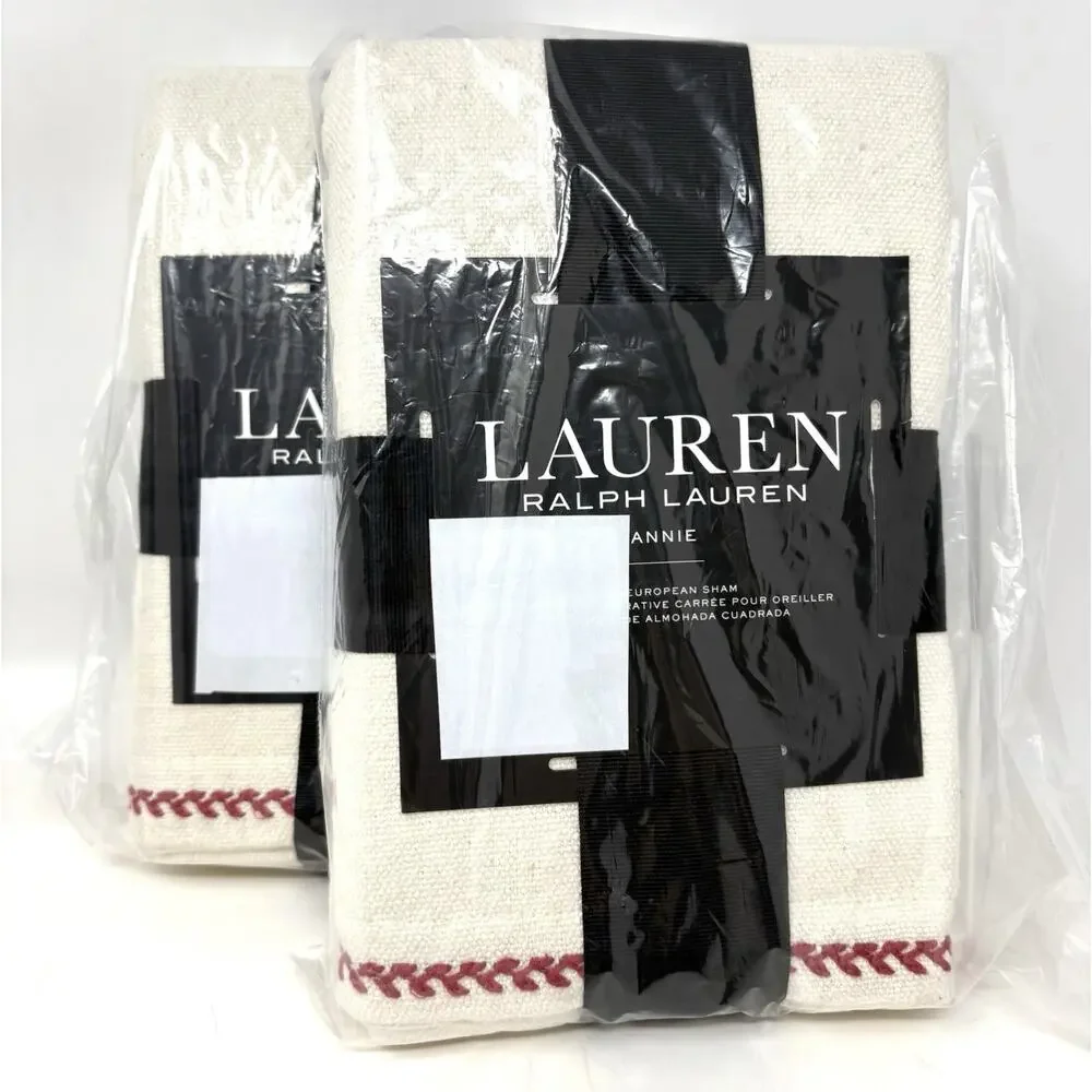 Ralph Lauren Annie Leaf Stitch Red Euro Shams Set of 2 Cream Natural Red NWT